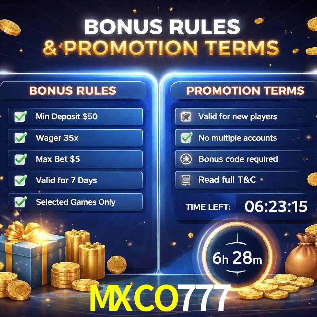 Reglas de promoción MXCO777 y condiciones de bonos explicadas visualmente